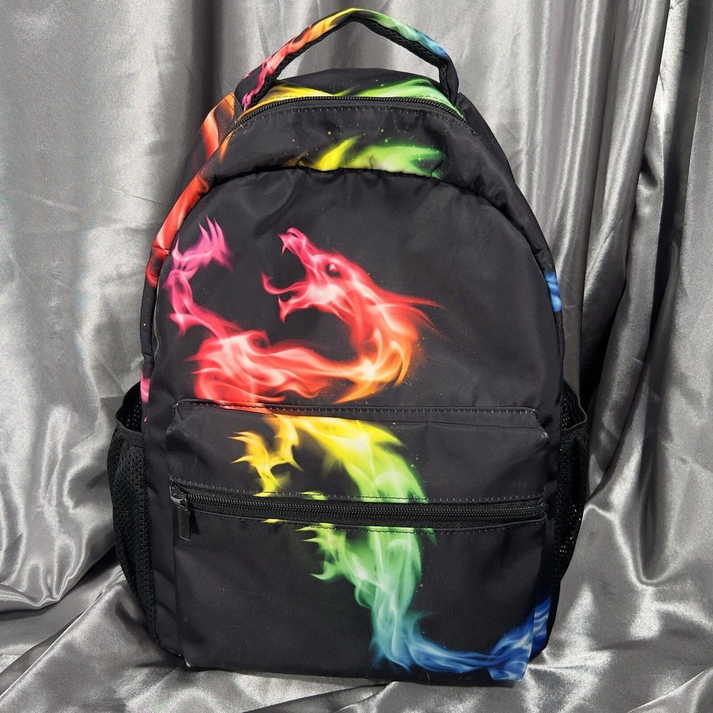 15" Dragon Backpack Fire Flames Black Rainbow Book Bag School Summer Travel Gear